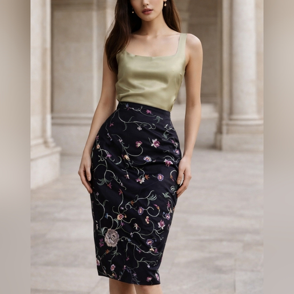 Tibi Floral Embroidered Pencil Skirt Vintage